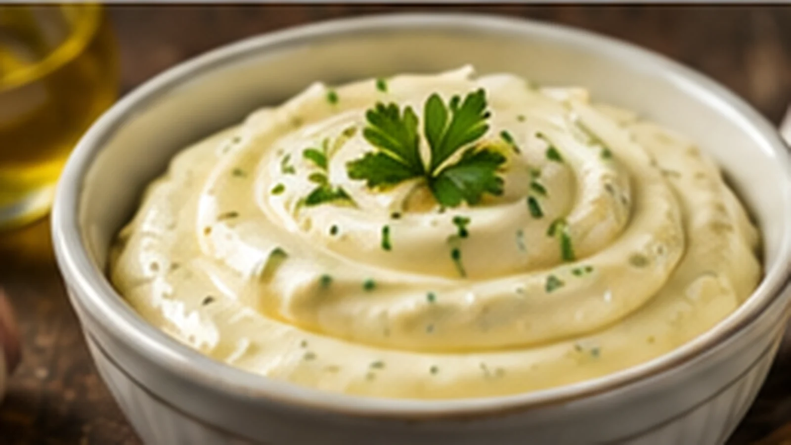 Cremige Aioli mit Knoblauch, Zitrone, Olivenöl und Kräutern in einer Schale
