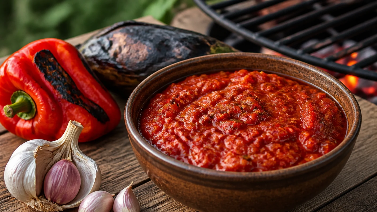 Ajvar selber machen appetitlich angerichtet als Grillbeilage in einer natürlichen Food-Szene