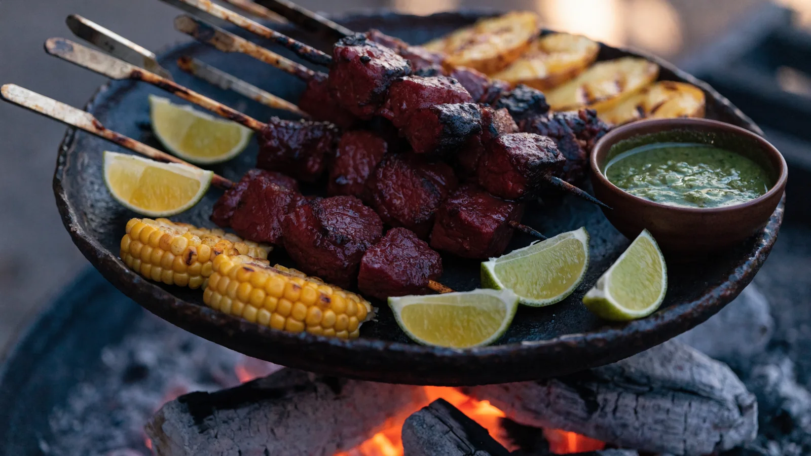 Peruanische Anticuchos aus Rinderherz mit Kartoffeln, Mais und Ají-Verde-Sauce