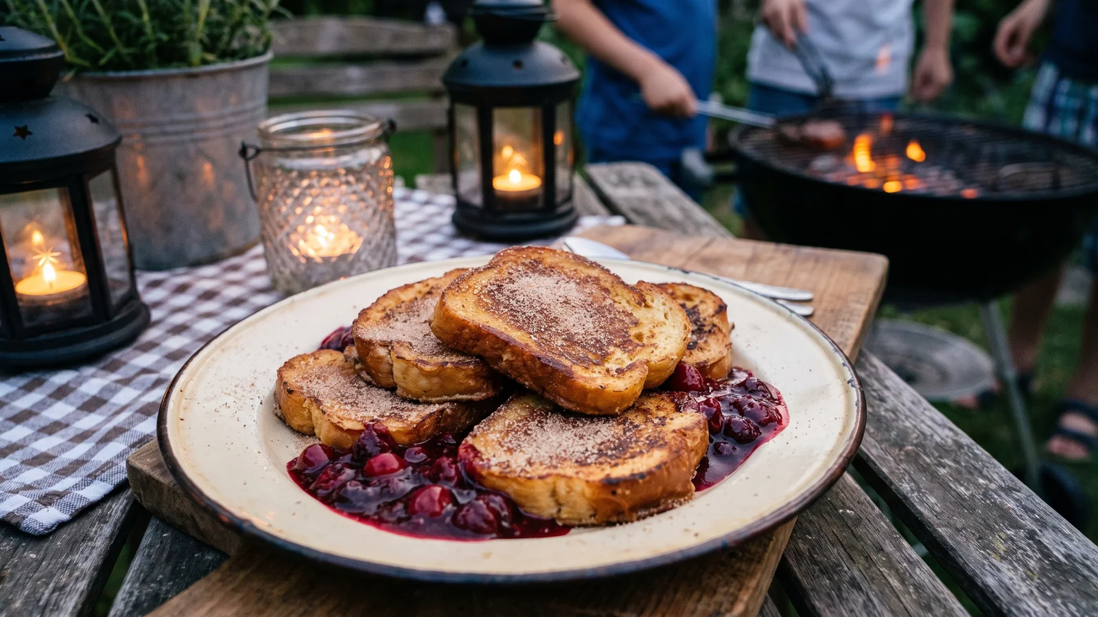 Arme Ritter vom Grill mit Zimtzucker und Beeren als süßes Grilldessert auf einem Holztisch