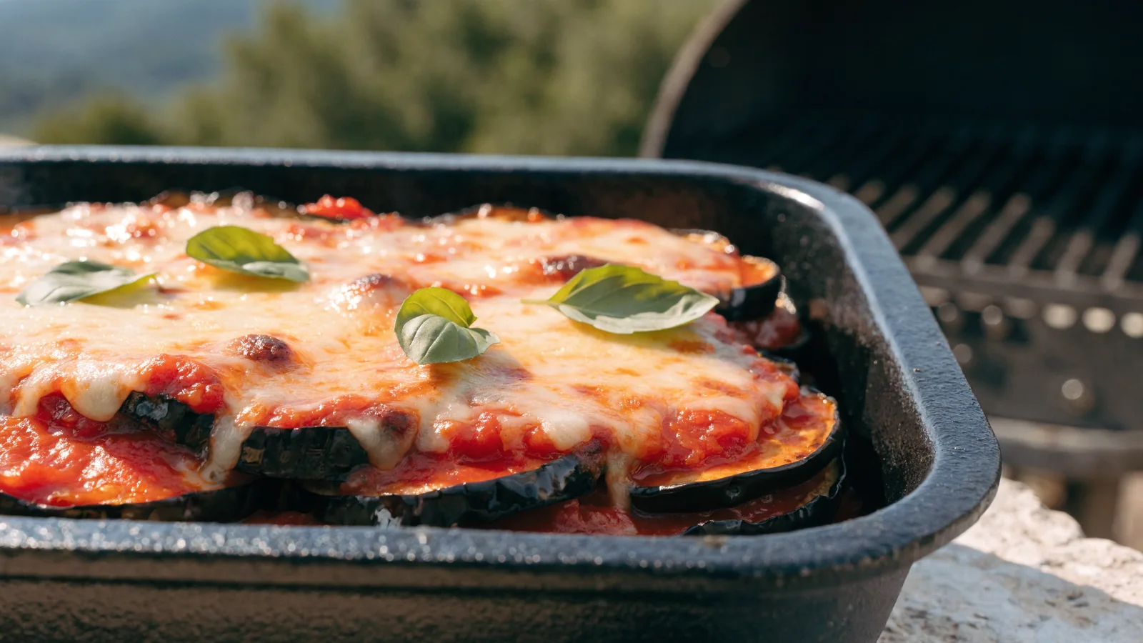 Auberginen-Parmigiana mit Tomatensauce, geschmolzenem Käse und Basilikum aus der Grillform