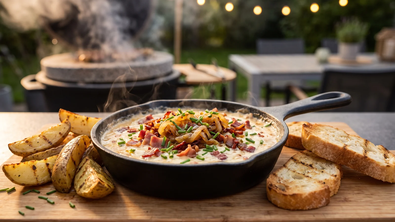Warmer Bacon-Zwiebel-Dip in einer Gusseisenpfanne mit Kartoffeln und Brot vom Grill