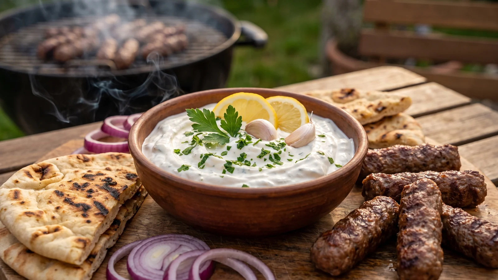 Balkan-Knoblauch-Schmand mit Petersilie, Zitrone, Fladenbrot und Cevapcici