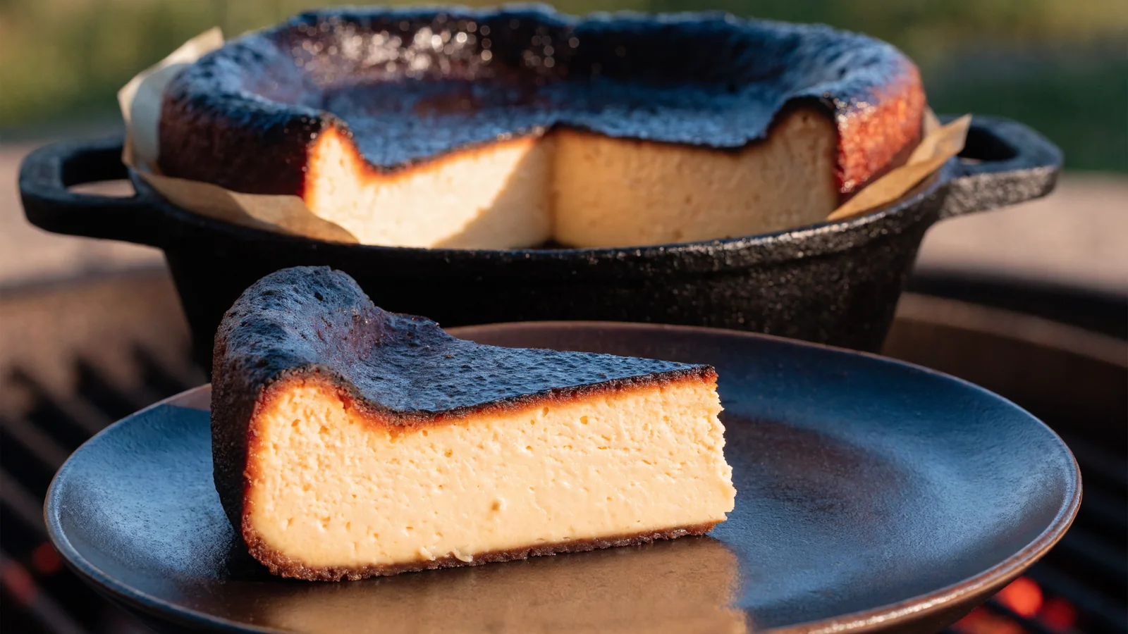 Baskischer Käsekuchen mit dunkel karamellisierter Oberfläche und cremigem Anschnitt