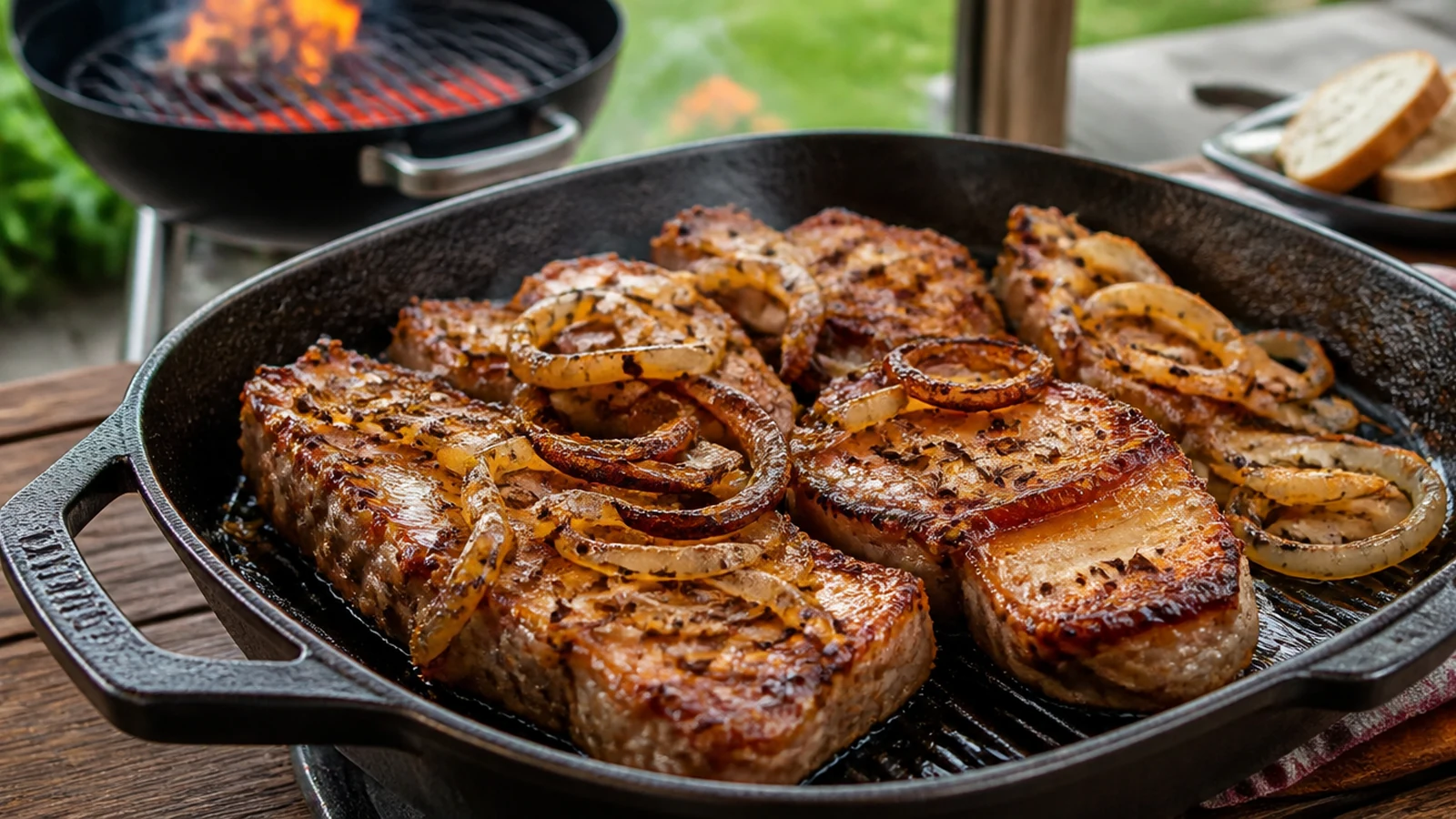 Bauchfleisch vom Grill mit Zwiebeln und kräftigen Röstaromen