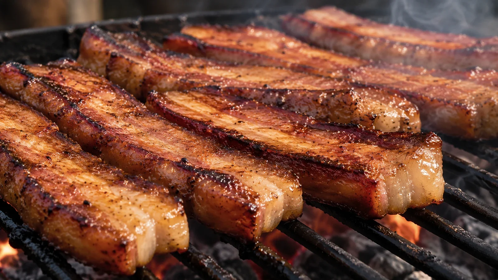 Bauchfleisch vom Grill mit Zwiebeln und kräftigen Röstaromen