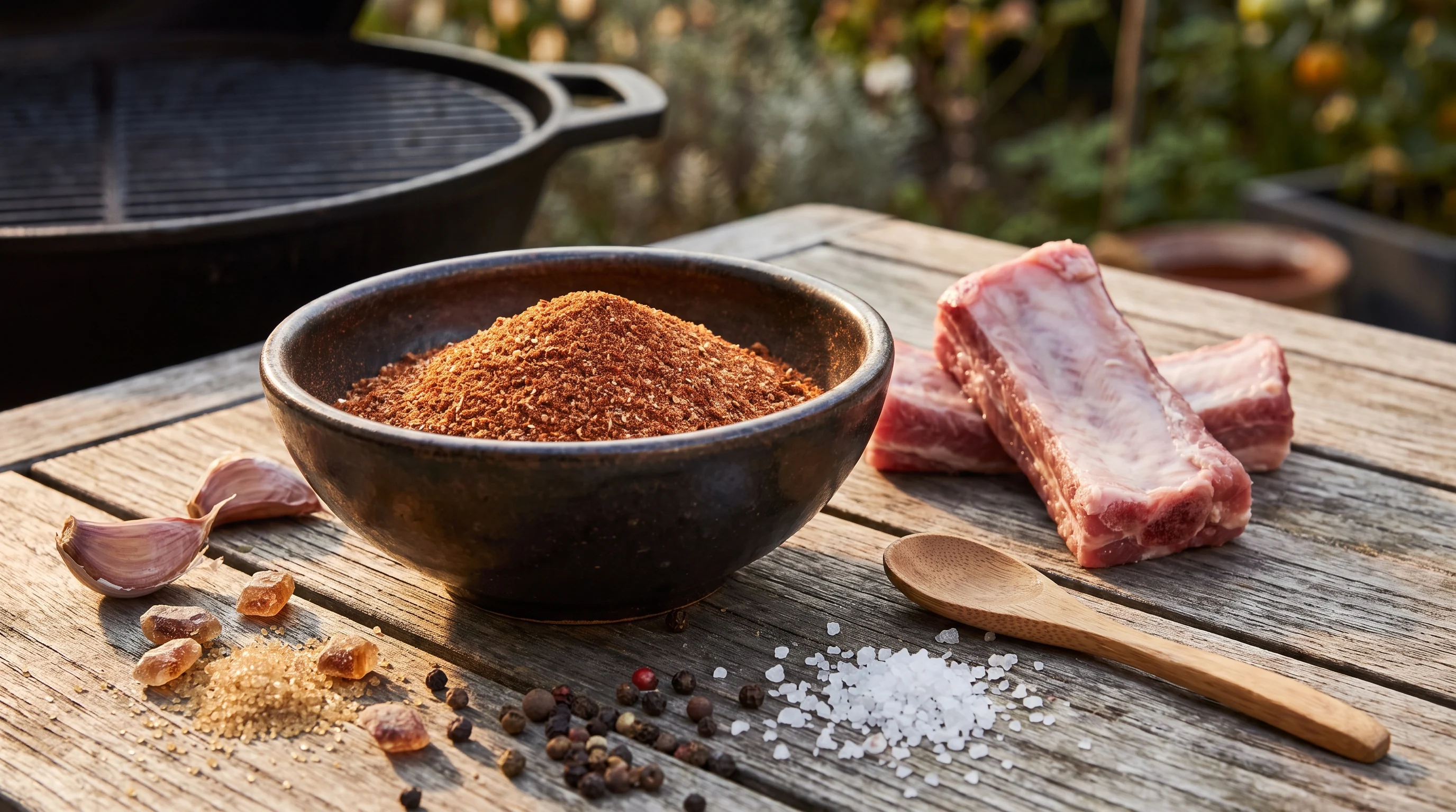 BBQ Rub selber machen als trockene Gewürzmischung in einer dunklen Schüssel mit Schweinerippchen auf einem Holztisch