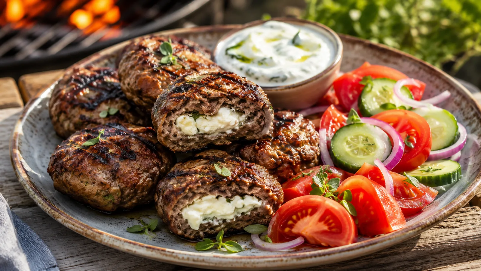 Bifteki grillen mit Feta-Füllung, Tzatziki und griechischem Tomaten-Gurken-Salat