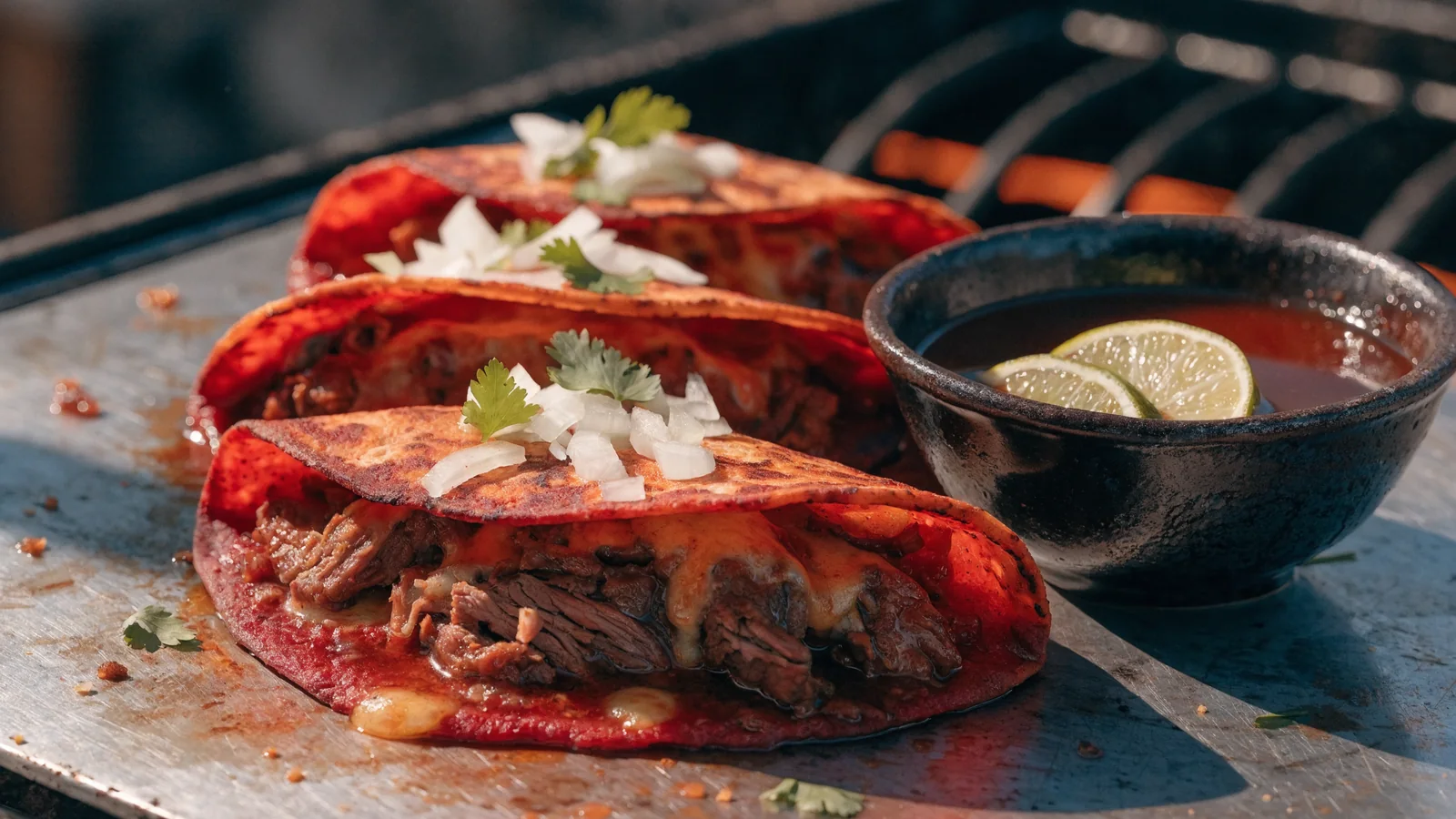 Knusprige Birria Quesatacos mit geschmortem Rind und Consommé