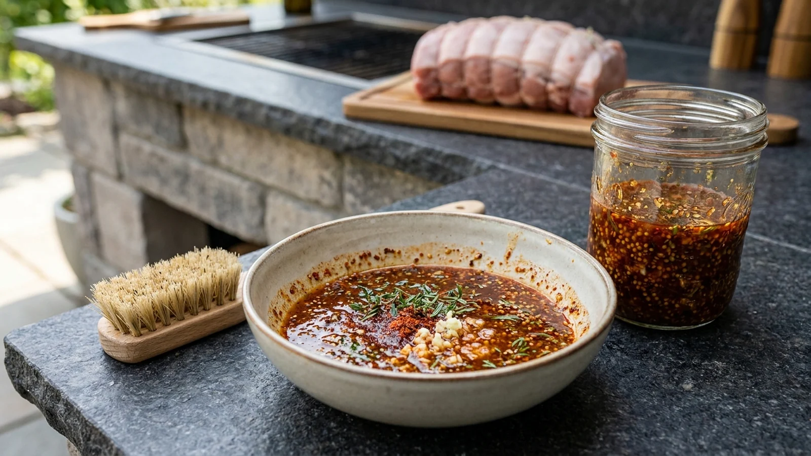 Würzige Braten-Marinade mit Senf, Knoblauch, Paprika und Kräutern neben einem Grillbraten