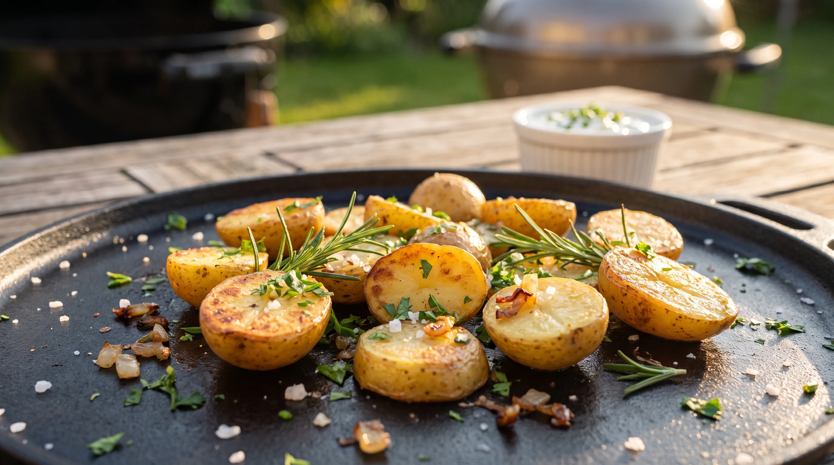 Bratkartoffeln von der Plancha als realistische Grillaufnahme mit frischen Zutaten und Röstaromen