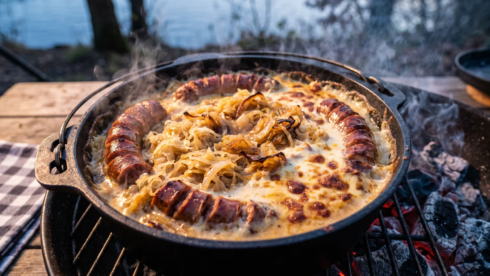 Bratwurst-Sauerkraut-Auflauf vom Grill mit Käsekruste in einer Gusseisenform