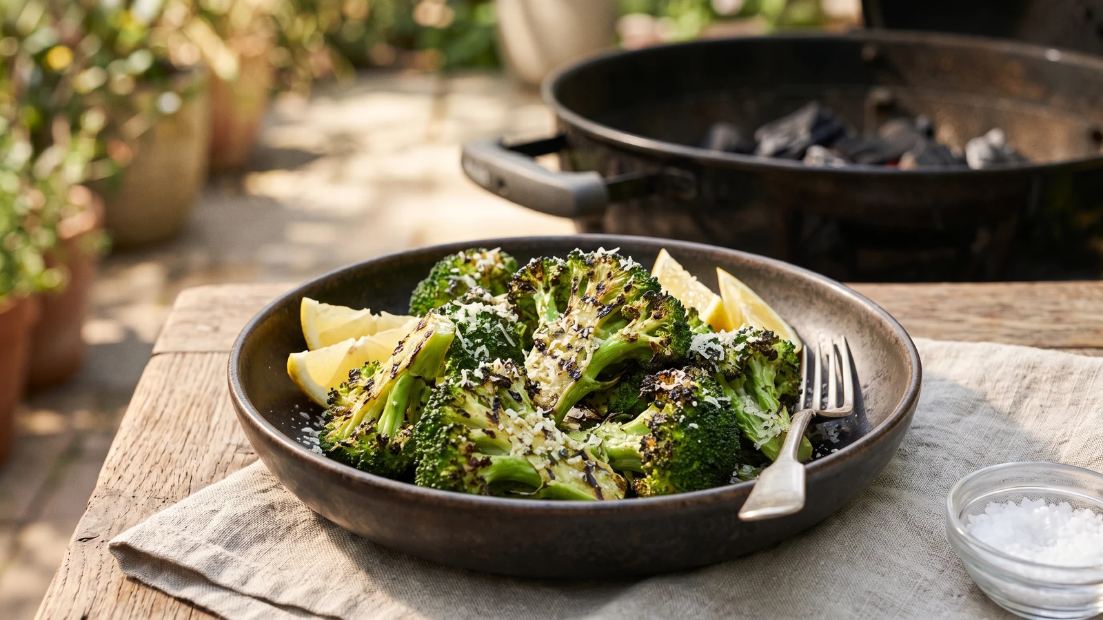 Gegrillter Brokkoli mit kräftigen Röstaromen, Zitrone, Parmesan, Mandeln und Petersilie