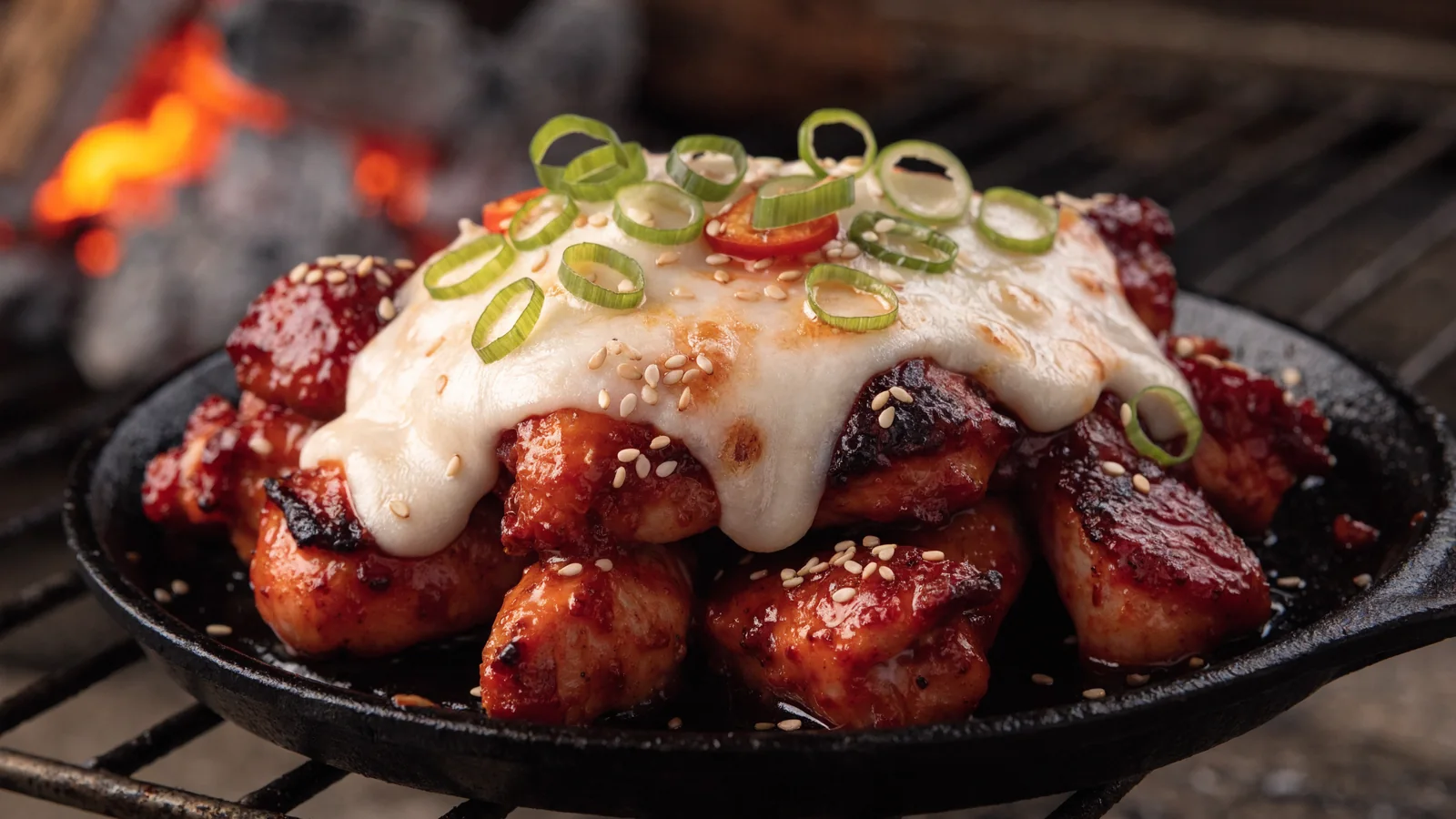 Scharfes koreanisches Buldak Chicken mit geschmolzenem Käse, Frühlingszwiebeln und Sesam