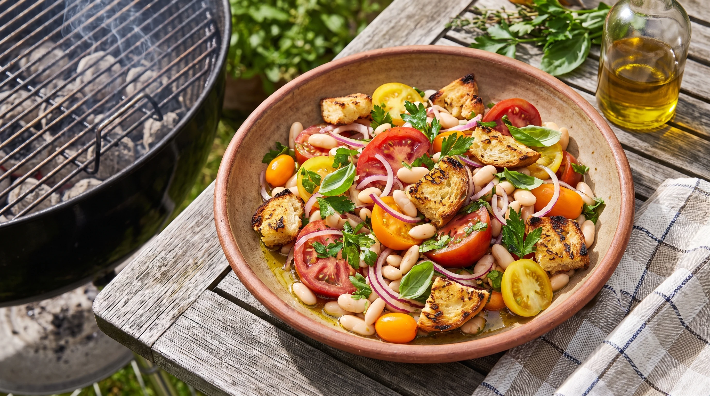 Bunter Tomaten-Bohnen-Salat mit Grillbrot-Croûtons