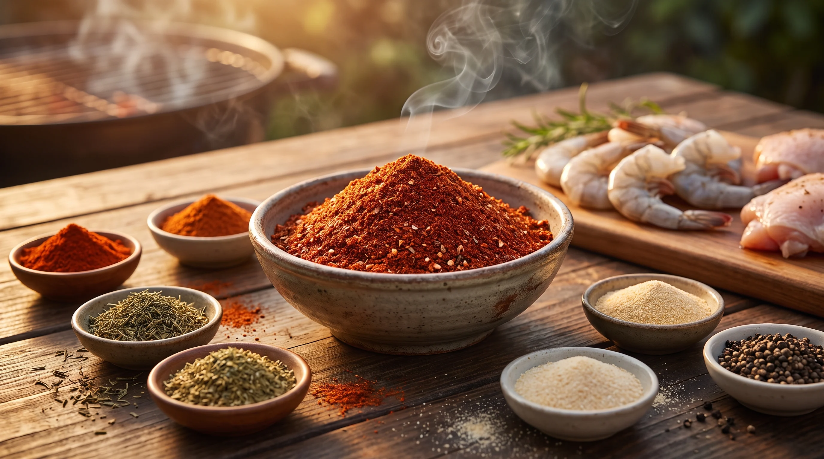 Cajun Rub selber machen in einer Schüssel mit kräftig roter Gewürzmischung, Garnelen und Hähnchen