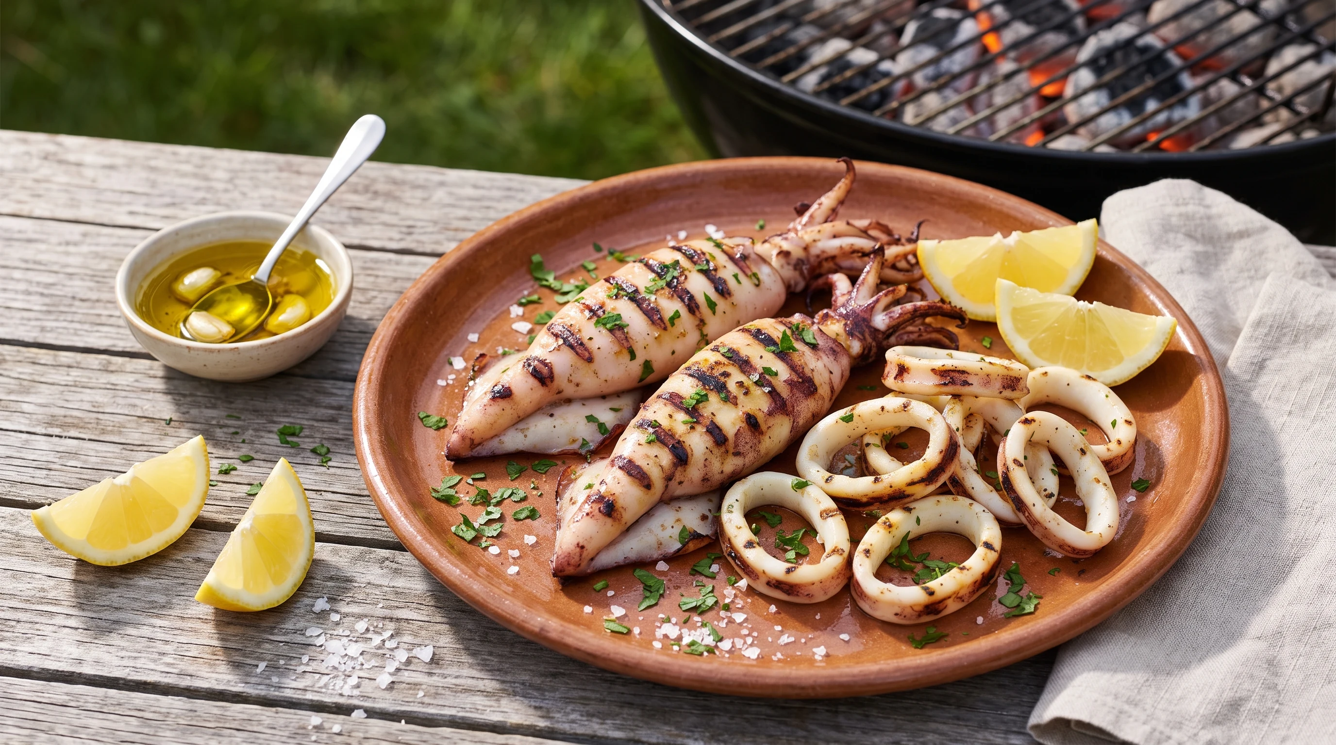 Calamari grillen als realistisches Grillfoto aus Italien mit frischen Zutaten und Röstaromen