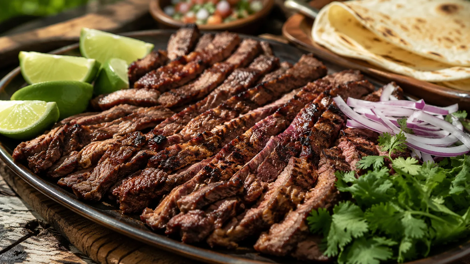 Carne Asada grillen mit dünn geschnittenem Rindfleisch, Limetten, roten Zwiebeln und Tortillas