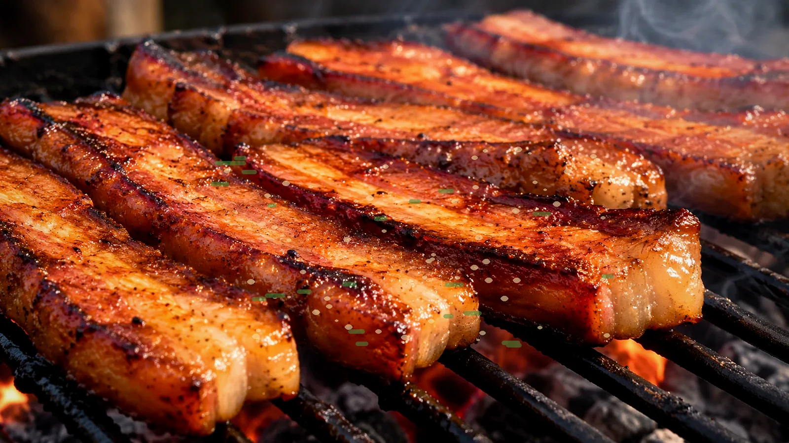 Glänzend karamellisierter Char Siu Pork Belly aus dem Smoker