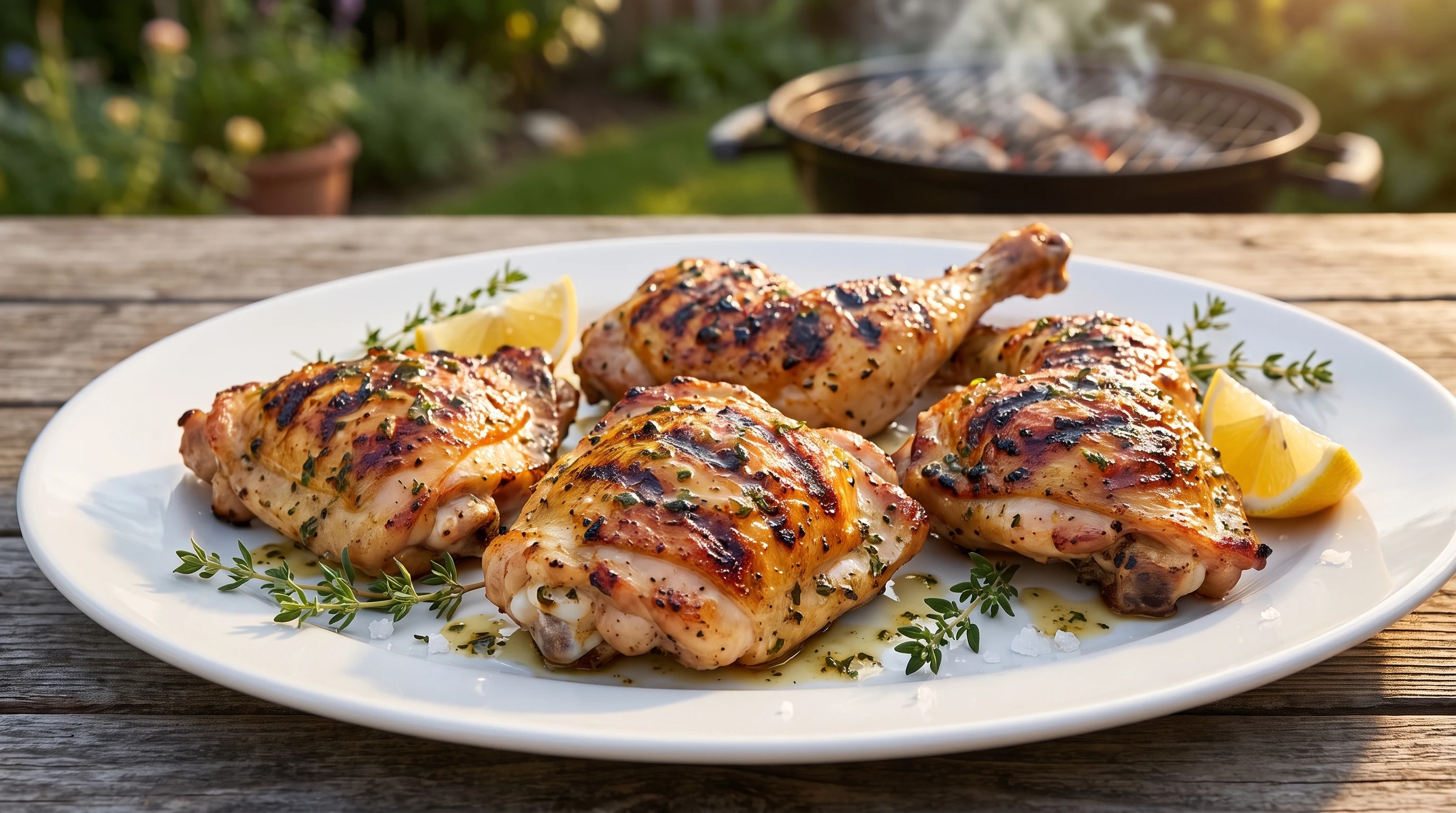 Chicken Thighs grillen als realistische Grillaufnahme mit frischen Zutaten und Röstaromen