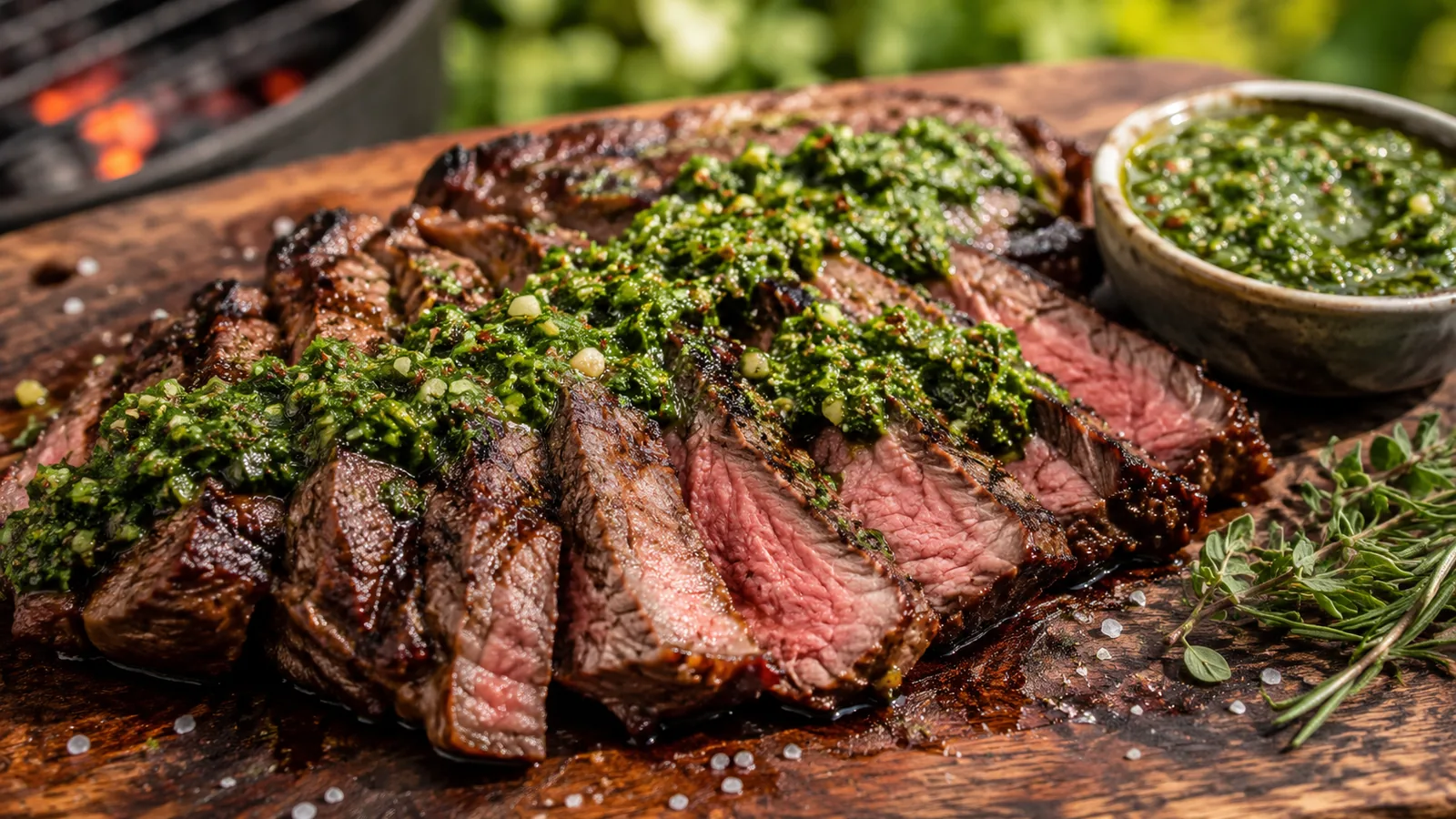 Chimichurri-Steak grillen mit aufgeschnittenem Rindersteak und grüner Kräutersauce