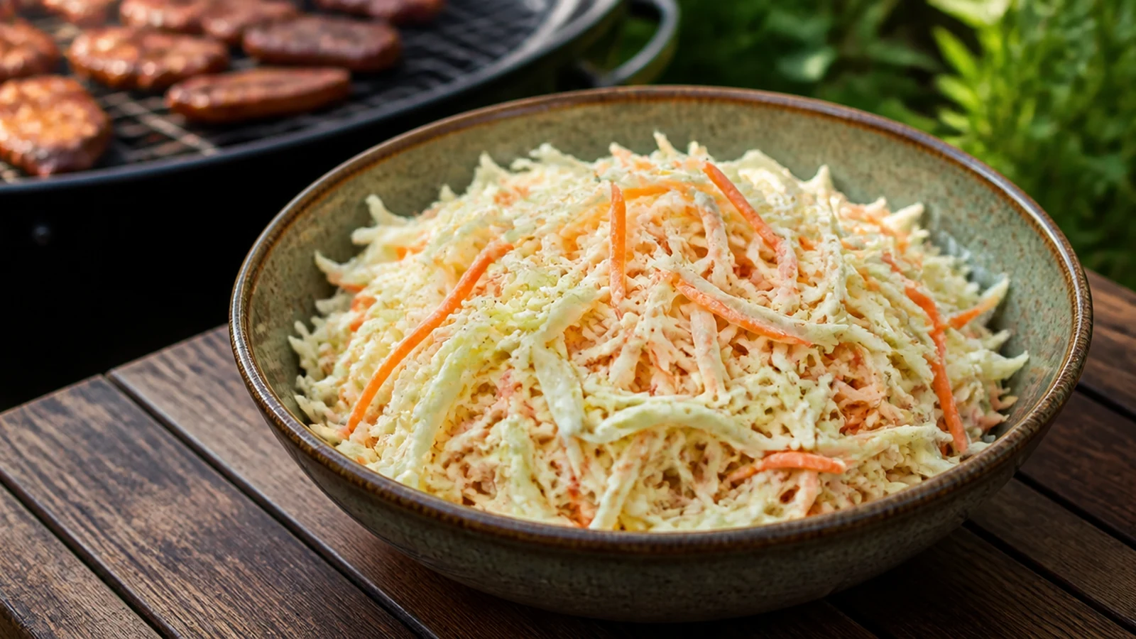 Cremiger Coleslaw mit Weißkohl, Karotten und Dressing als BBQ Beilage