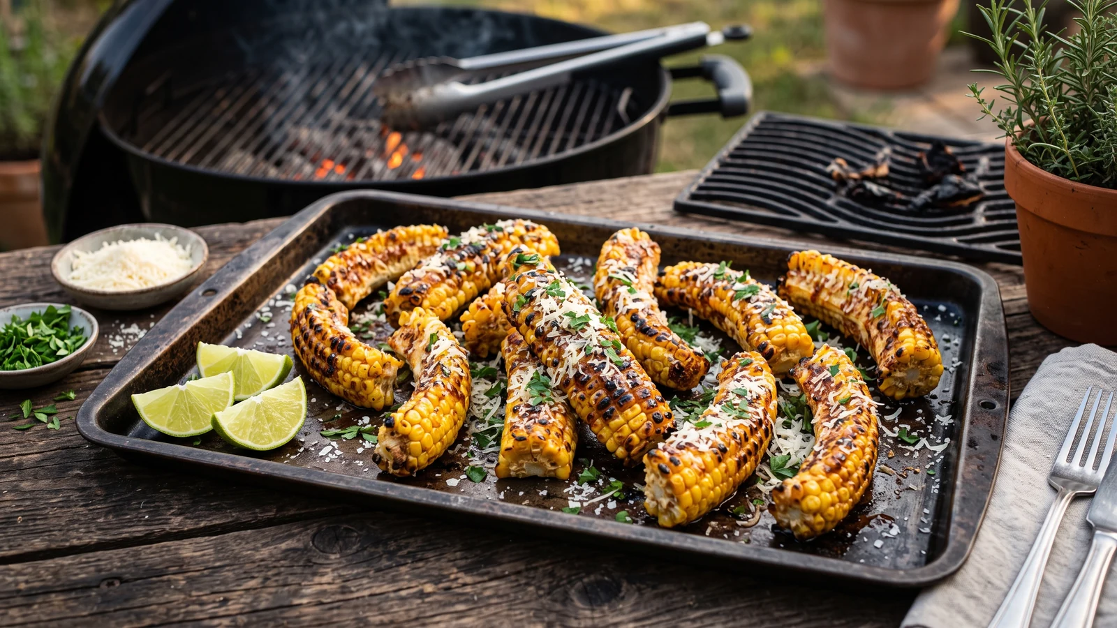 Knusprig gegrillte Corn Ribs aus geviertelten Maiskolben mit Limette, Parmesan und Kräutern