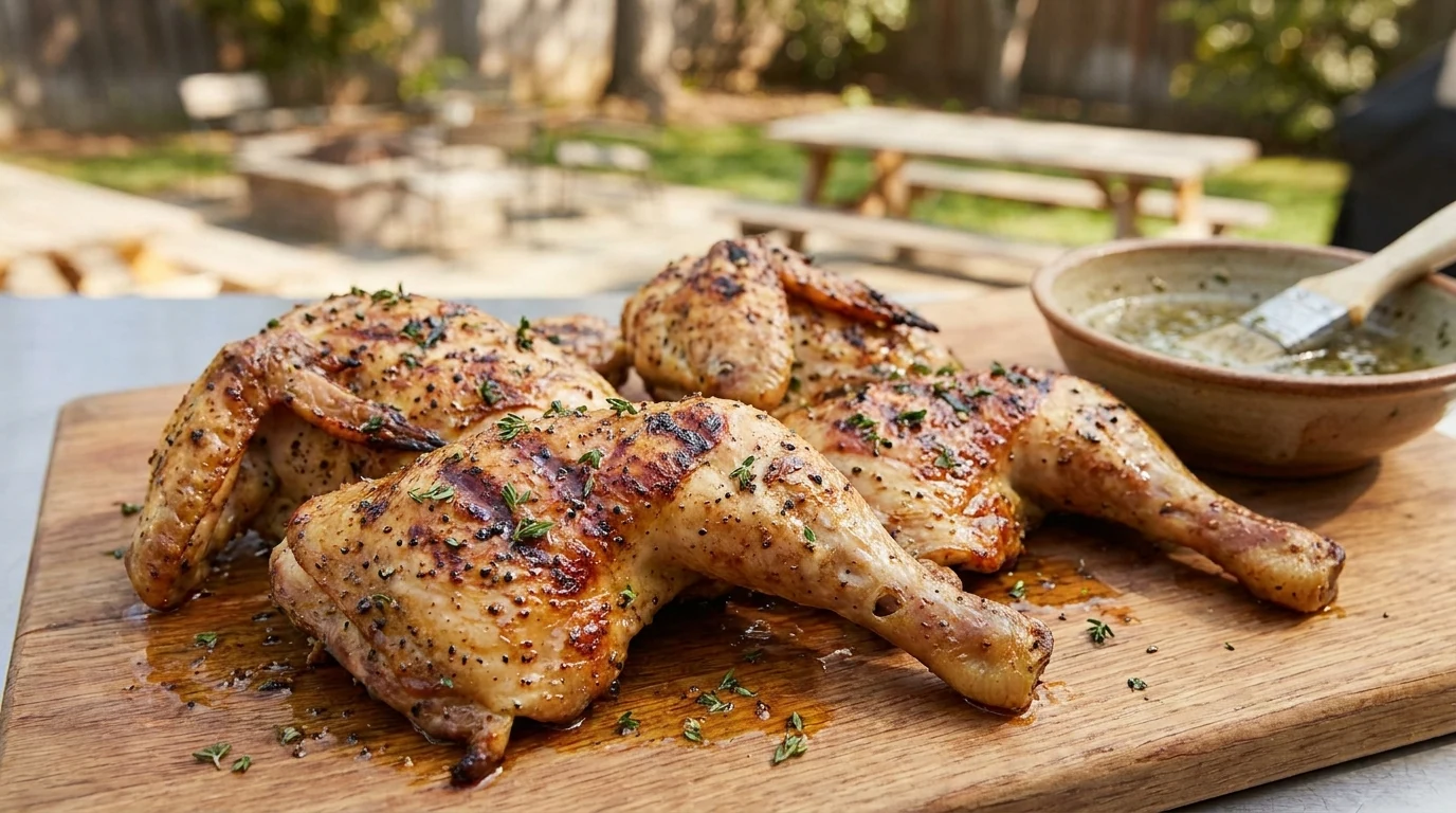 Cornell Chicken Marinade mit Hähnchenteilen, Essig, Senf und Paprika auf einem rustikalen Grilltisch