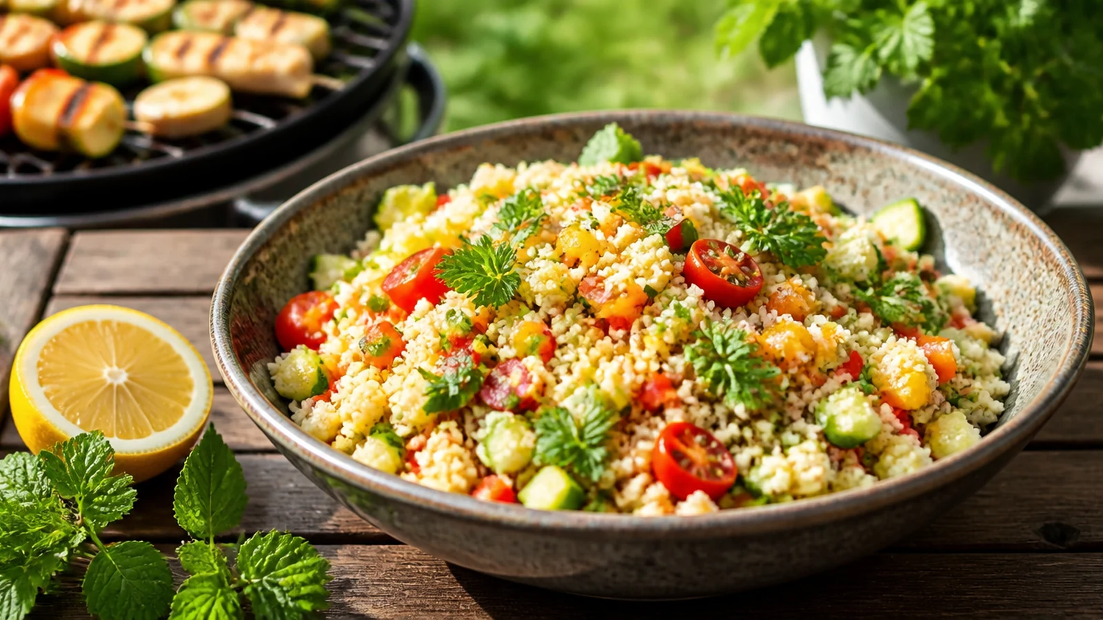 Couscoussalat zum Grillen mit Gemüse, Kräutern und Zitronenfrische