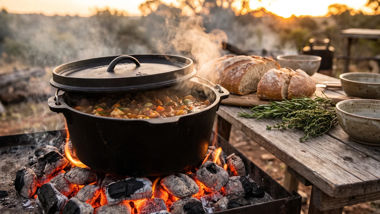 Schwerer Dutch Oven über Glut mit dampfendem Eintopf und rustikaler Outdoor-Küche