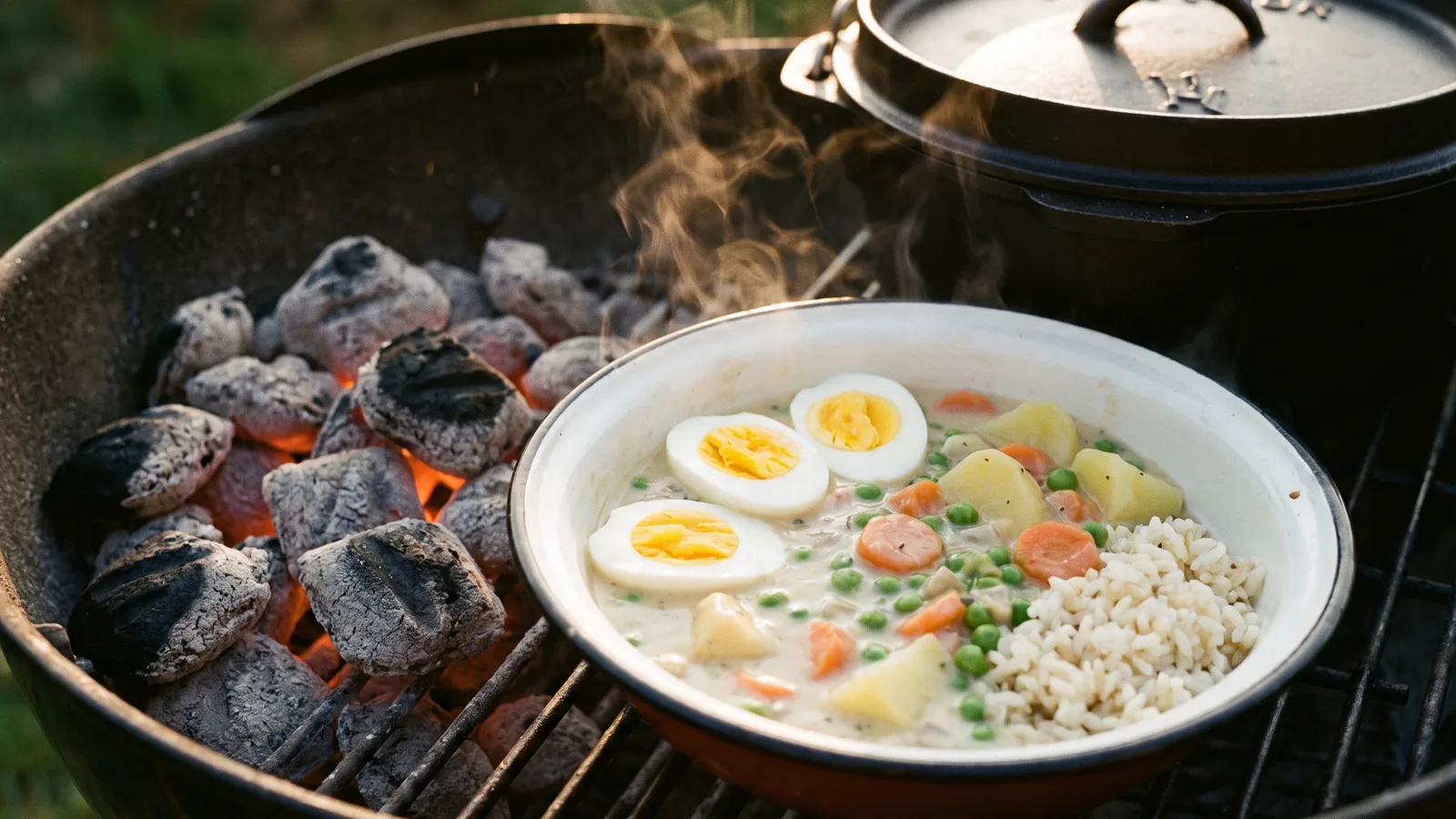Eierfrikassee aus dem Dutch Oven mit Eiern, Erbsen, Möhren und cremiger Sauce