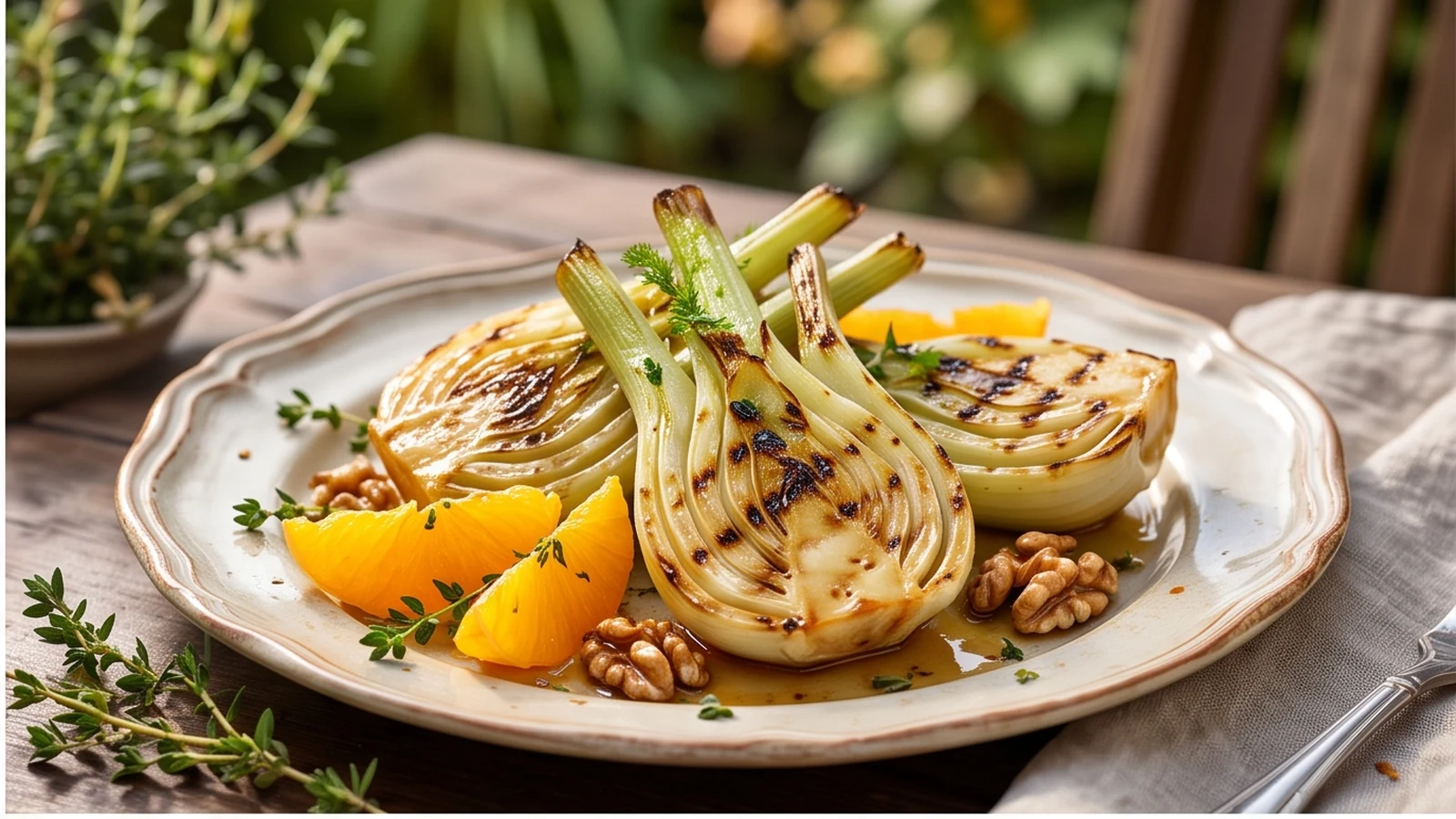 Gegrillte Fenchelspalten mit karamellisierten Schnittflächen, Orange, Honig, Thymian und Pistazien