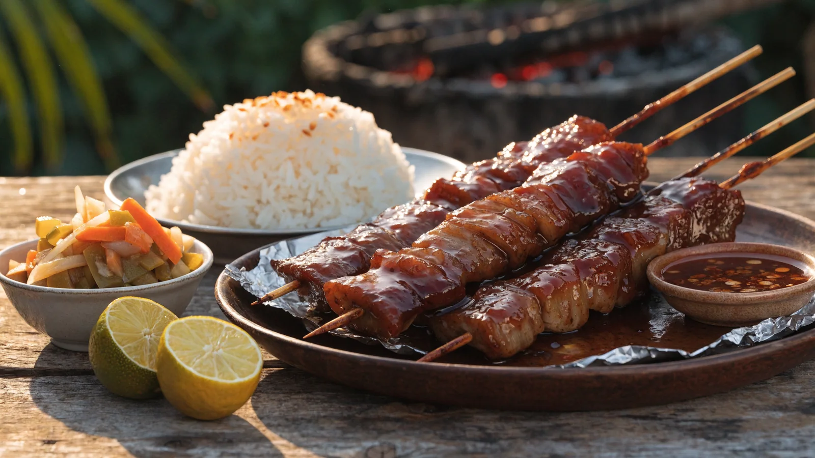 Glänzend karamellisierte Filipino Pork BBQ Spieße mit Reis und Picklegemüse