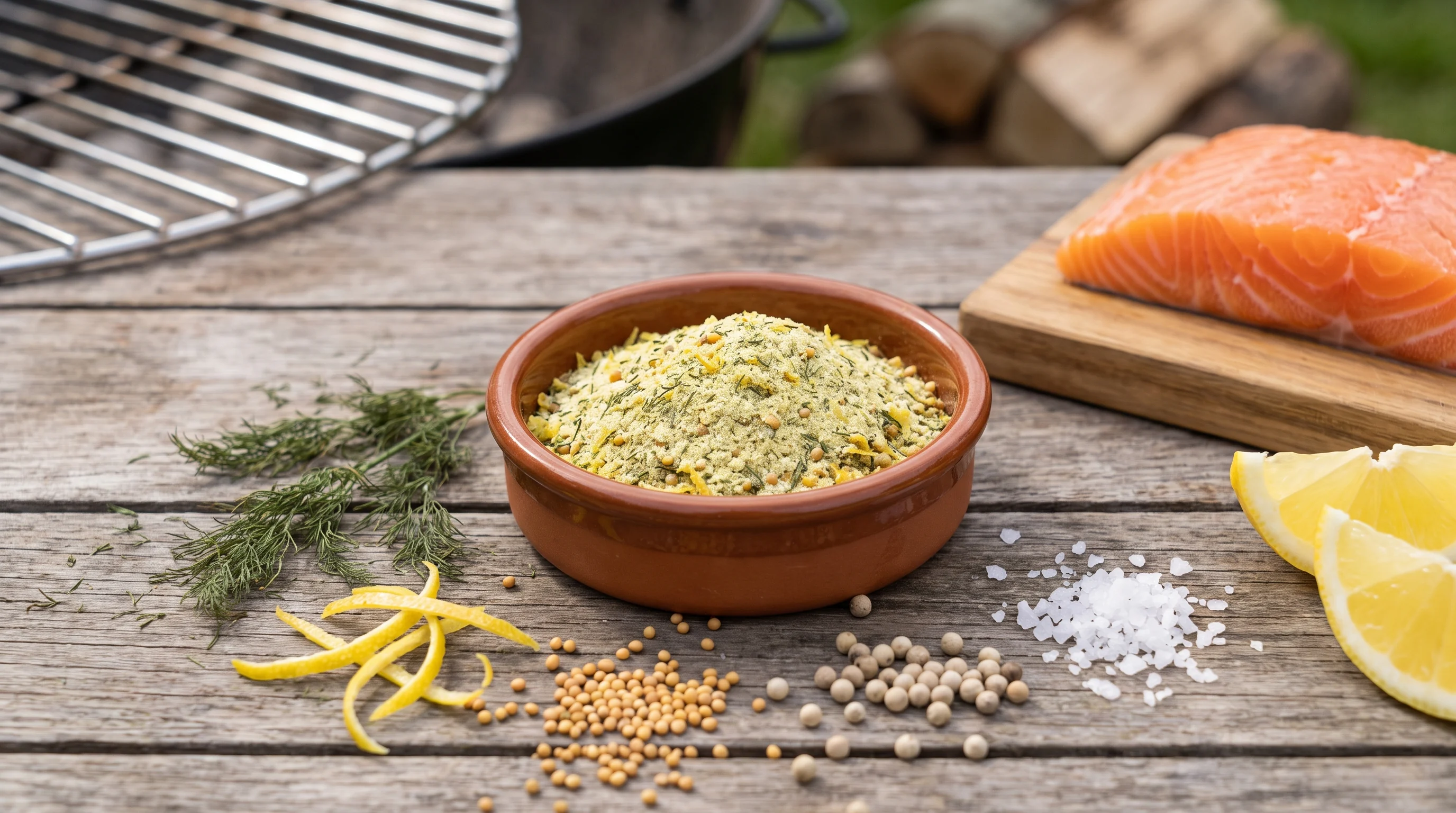 Fisch Rub mit Dill, Zitrone und Senf in einer Schale neben einem Lachsfilet und Zitronenspalten