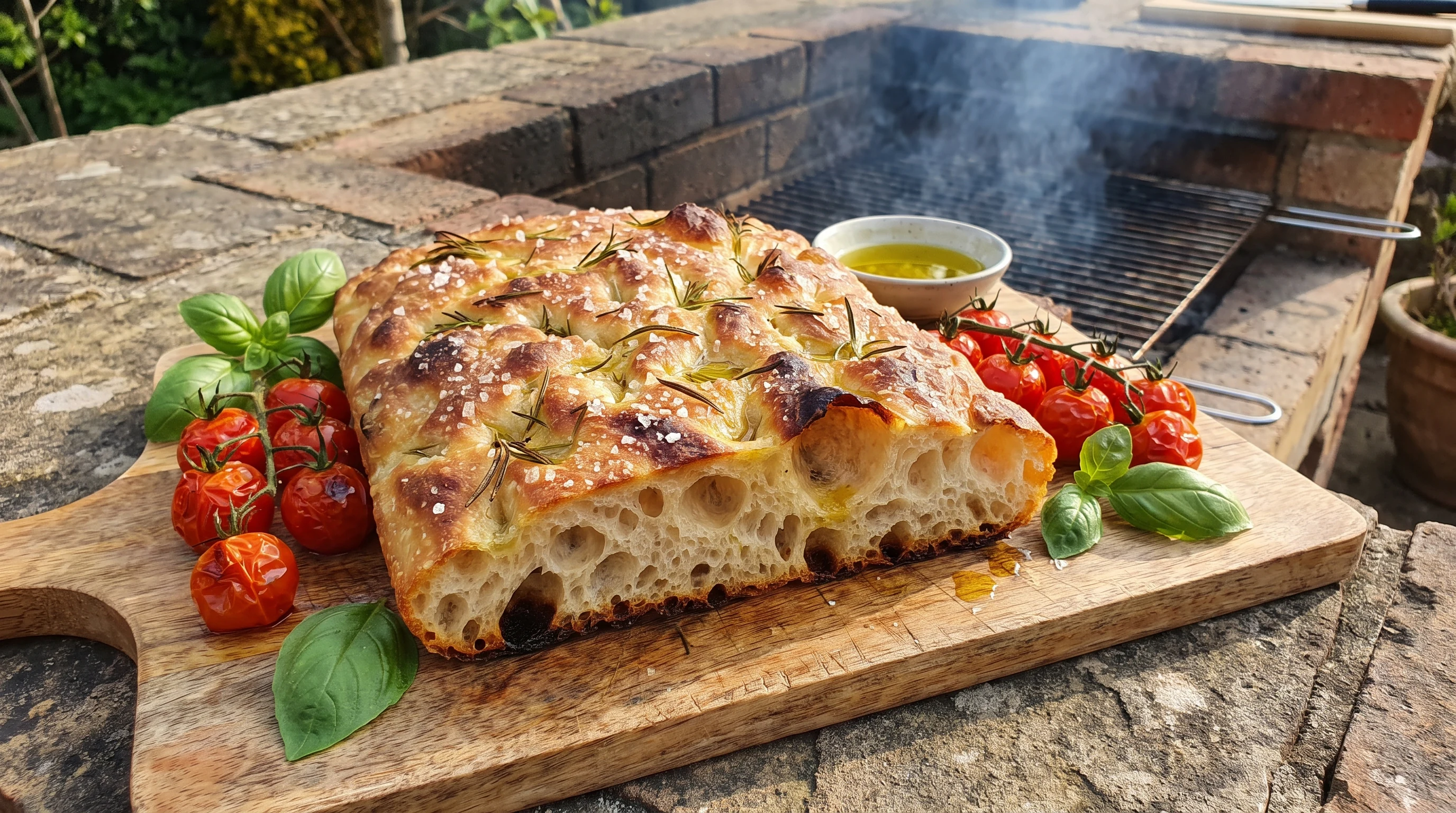 Focaccia grillen als realistisches Grillfoto aus Italien mit frischen Zutaten und Röstaromen