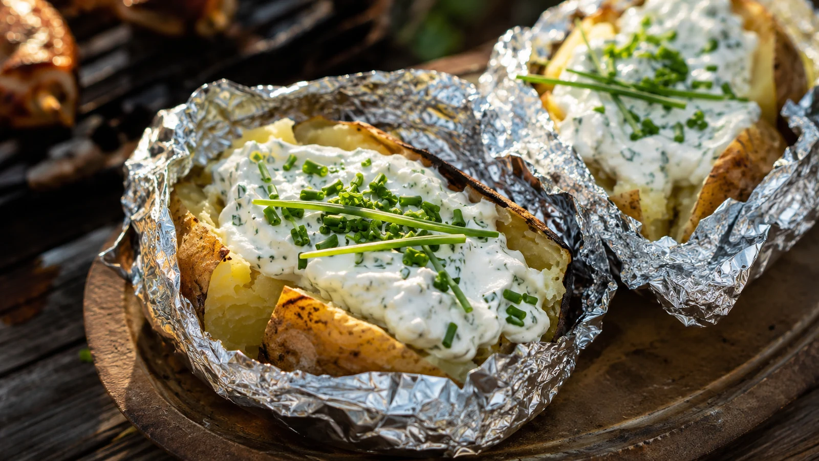 Folienkartoffeln vom Grill mit cremigem Kräuterquark und Schnittlauch