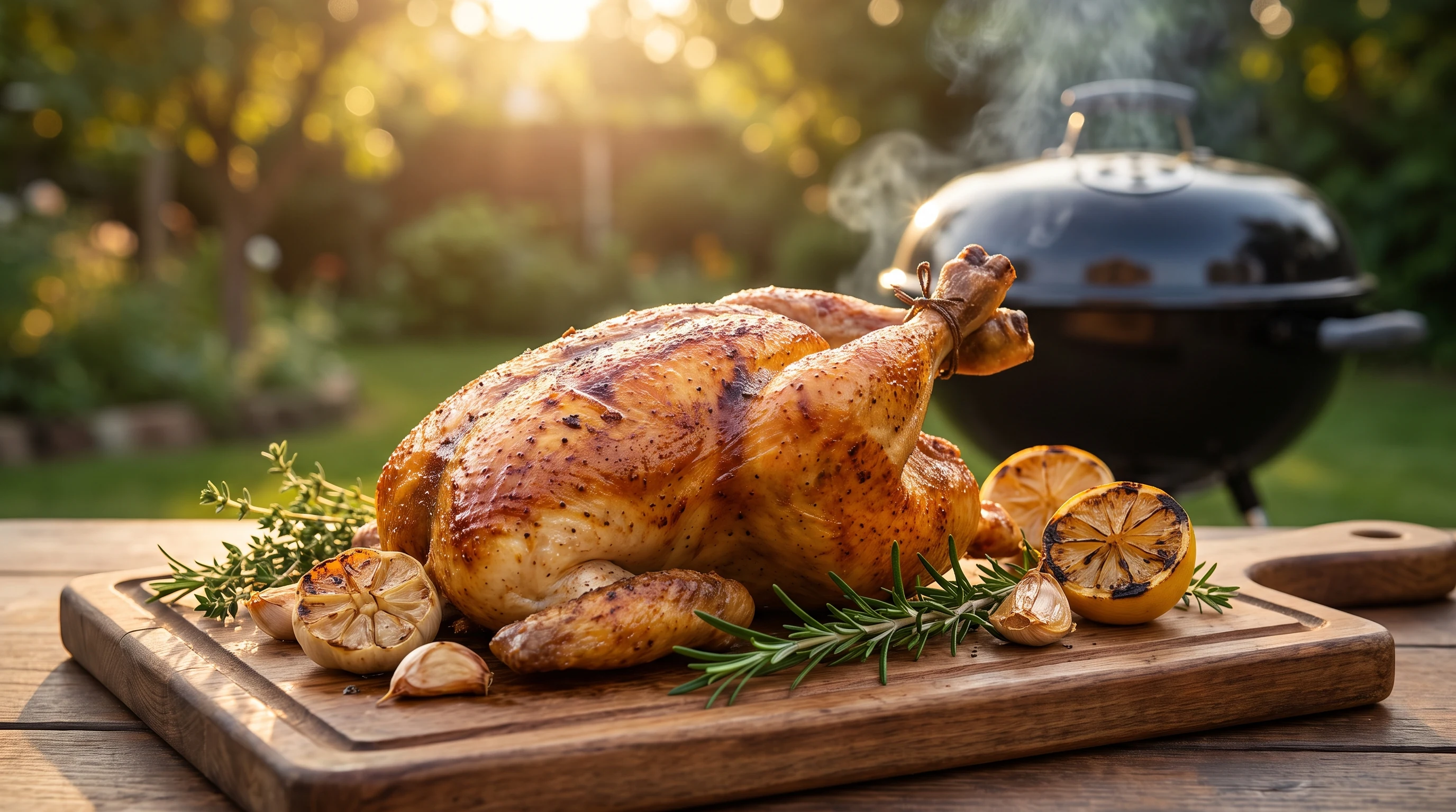 Ganzes Hähnchen grillen als realistische Grillaufnahme mit frischen Zutaten und Röstaromen