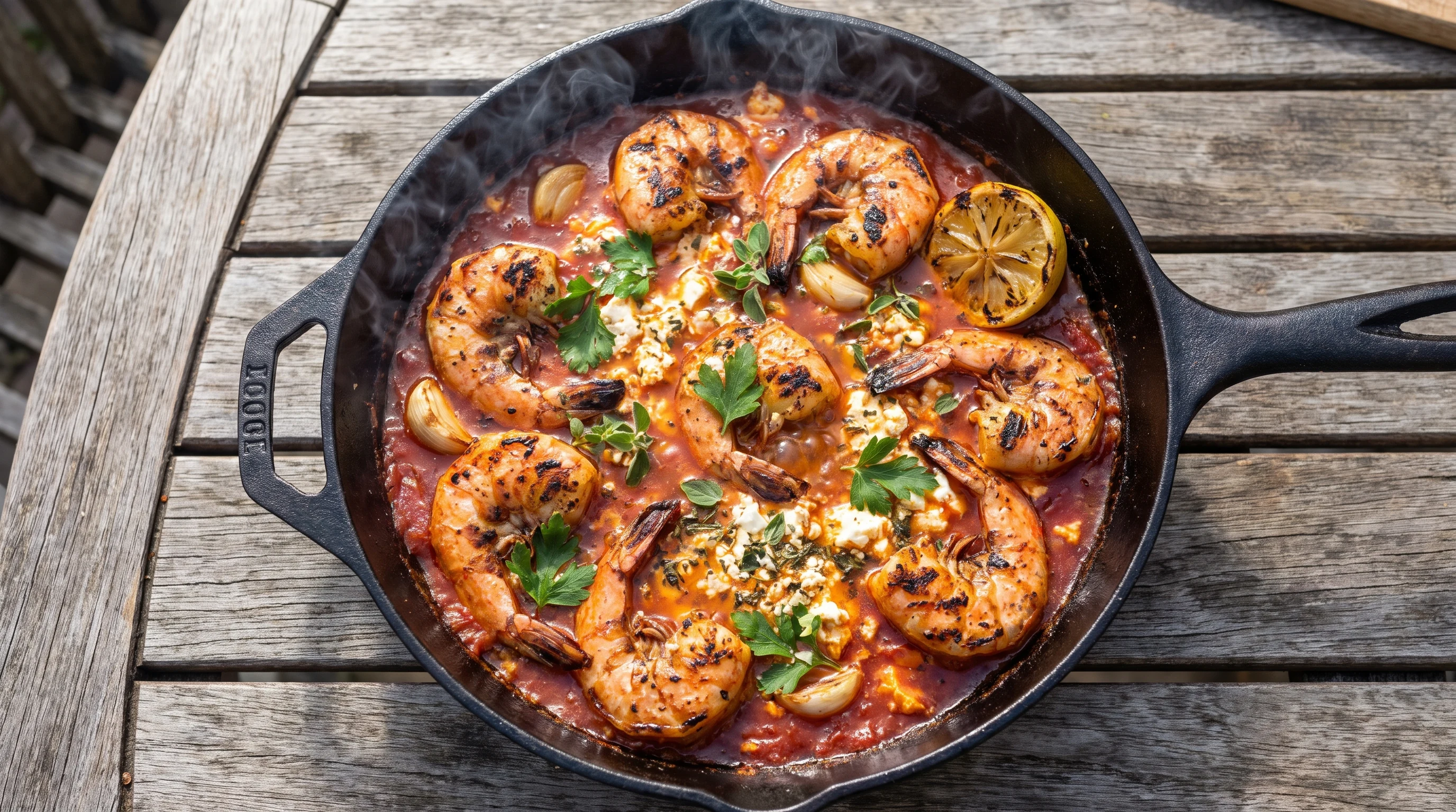 Garides Saganaki grillen als realistisches Grillfoto aus Griechenland mit frischen Zutaten und Röstaromen