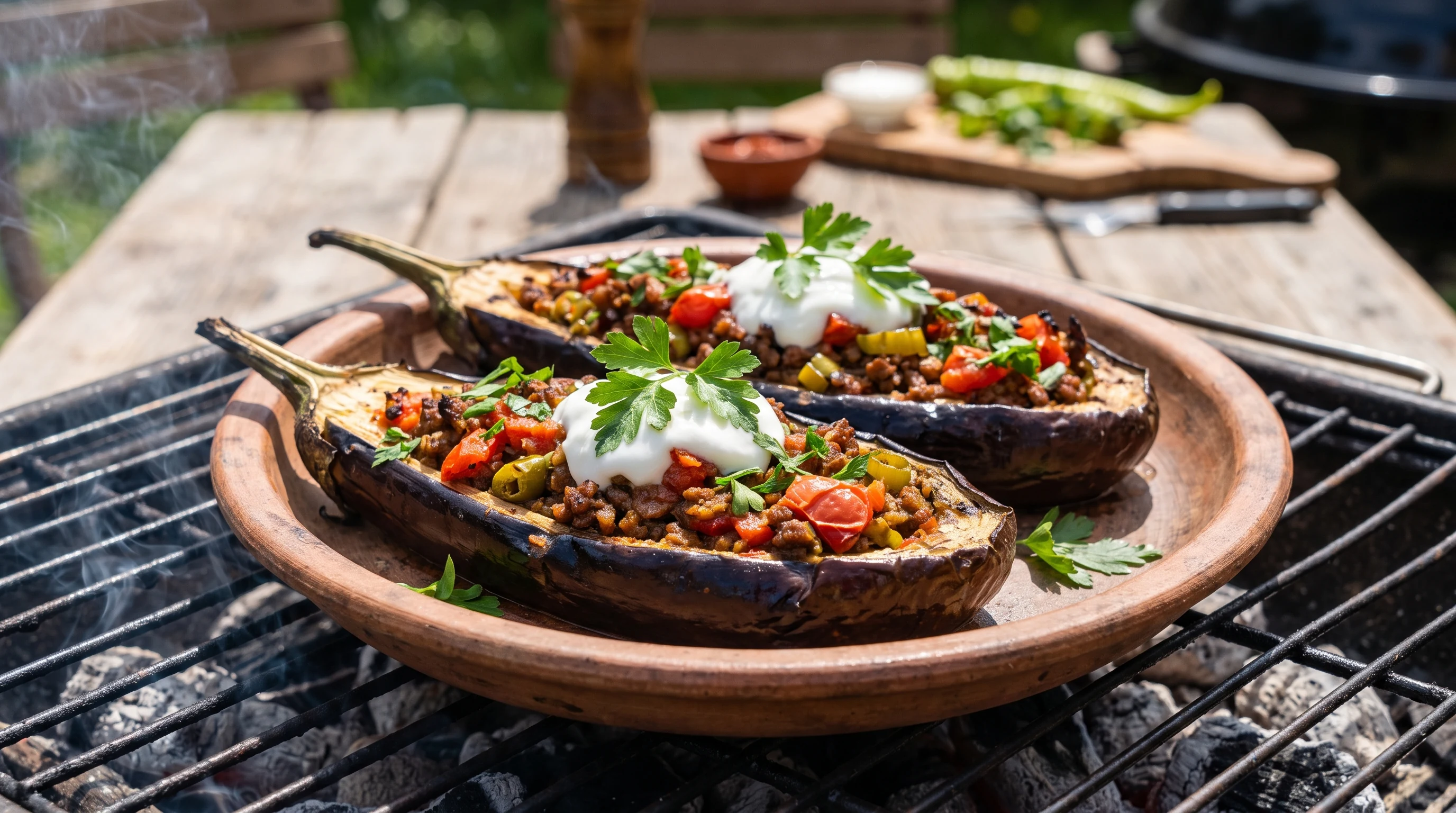 Gefüllte Auberginen türkisch grillen als realistisches Grillfoto aus Türkei mit frischen Zutaten und Röstaromen