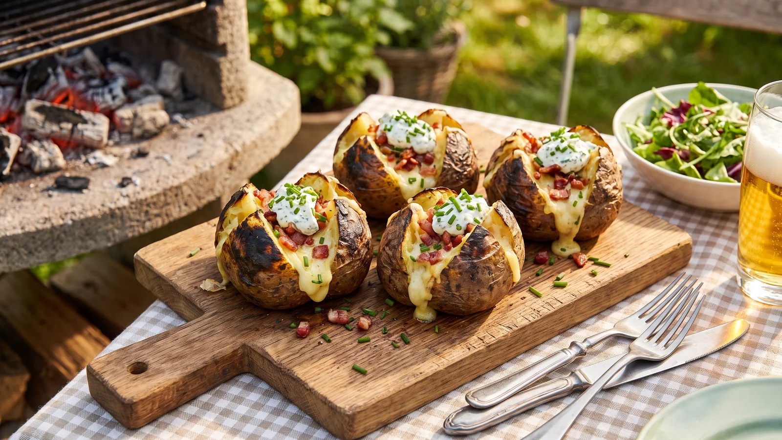 Gefüllte Kartoffeln wie früher mit Quark, Speck, Käse und Schnittlauch frisch vom Grill
