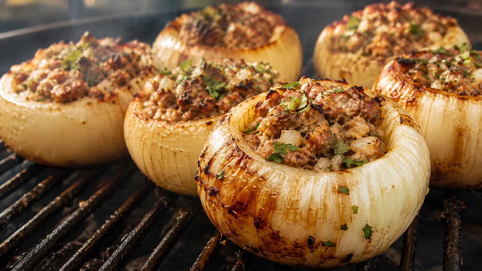 Gefüllte Zwiebeln vom Grill mit herzhafter Füllung und Kräutern auf dem Rost