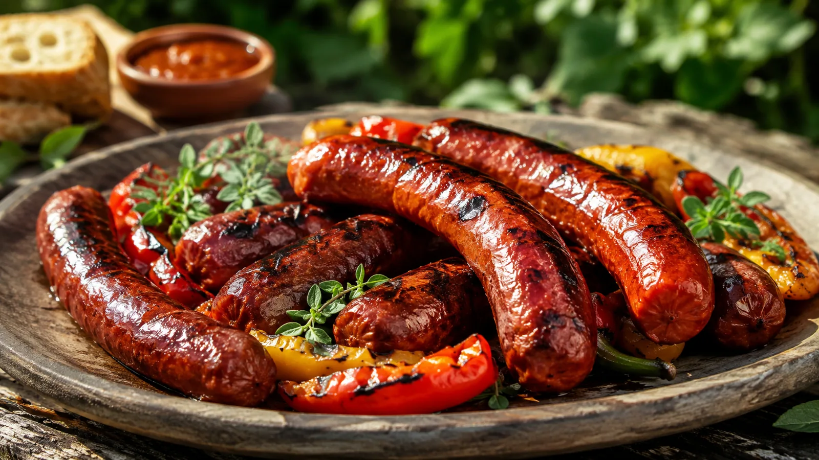 Gegrillte Chorizo mit Paprikawürsten, Grillpaprika und Kräutern