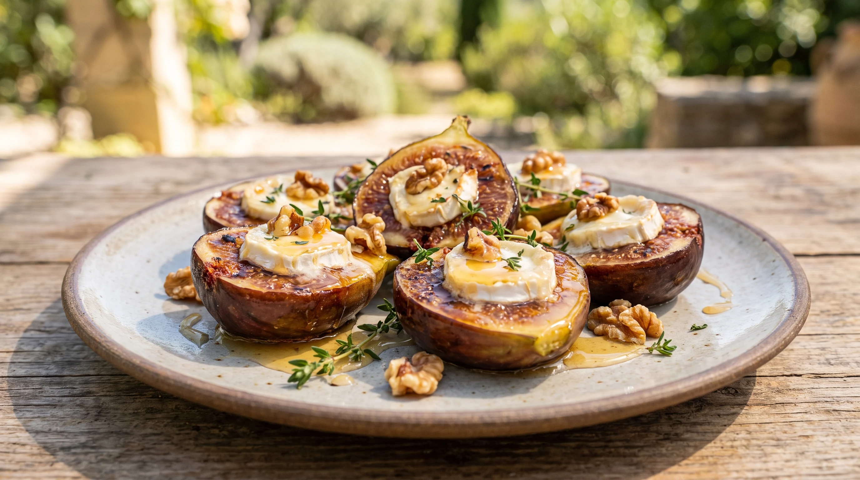 Gegrillte Feigen mit Ziegenkäse als realistisches Grillfoto aus Griechenland mit frischen Zutaten und Röstaromen