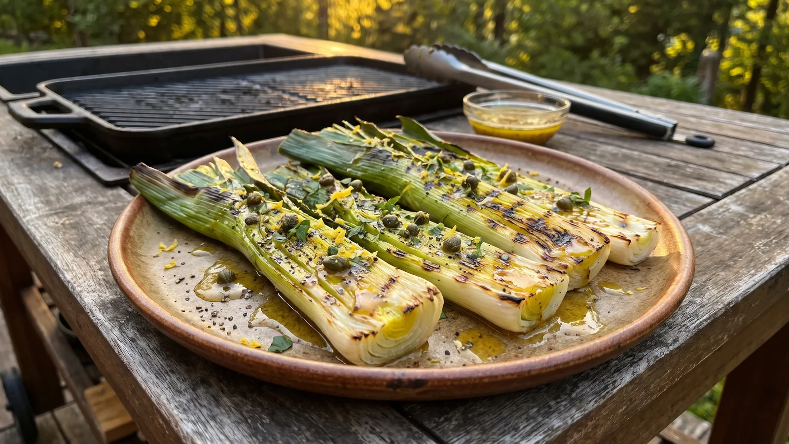 Gegrillter Lauch mit Senf-Vinaigrette