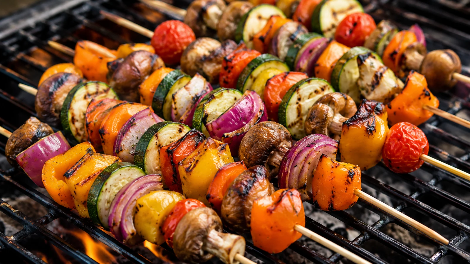 Bunte Gemüsespieße mit Paprika, Zucchini und Tomaten vom Grill