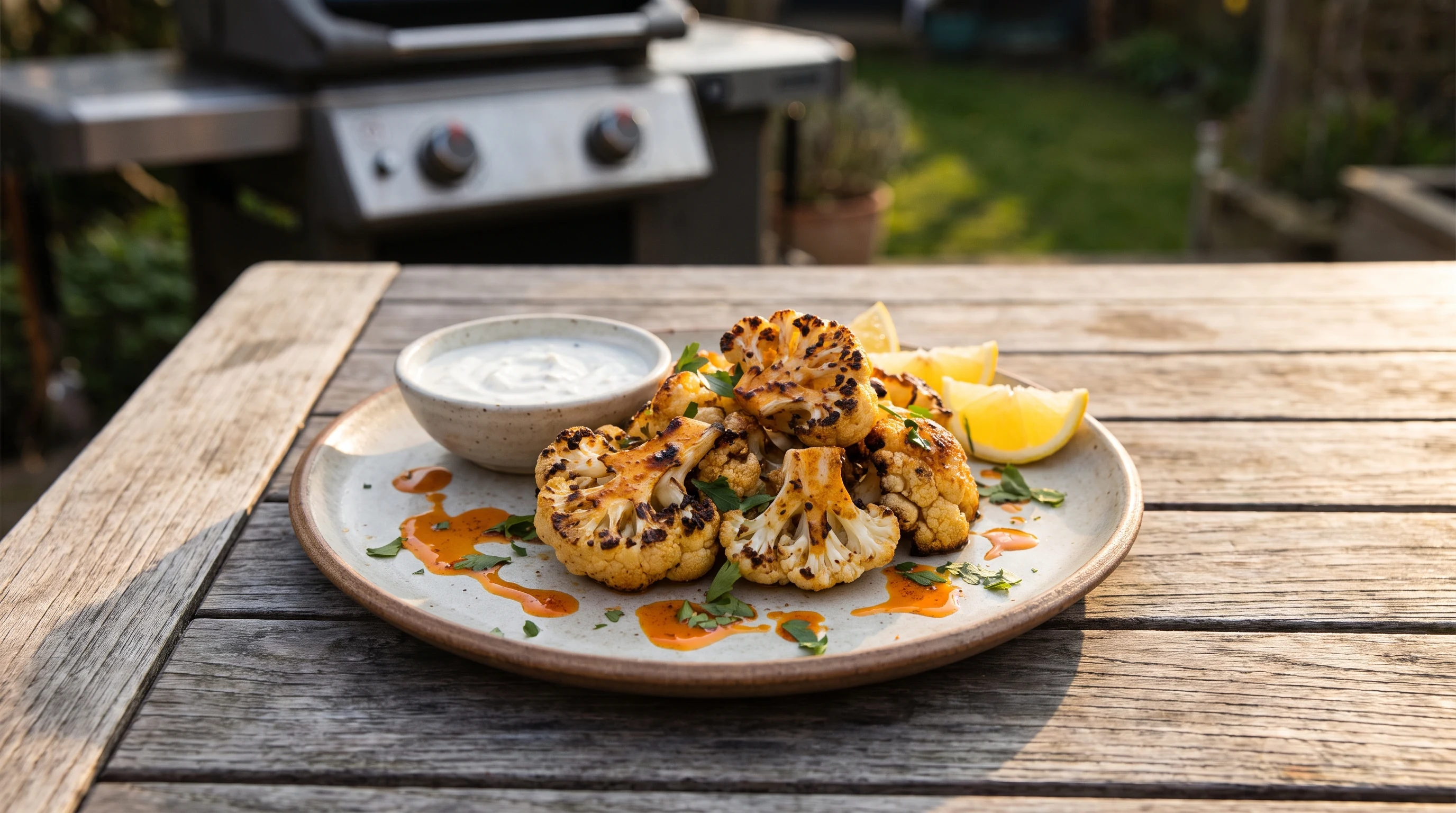 Gerösteter Blumenkohl vom Grill mit Joghurt-Zitronen-Dip