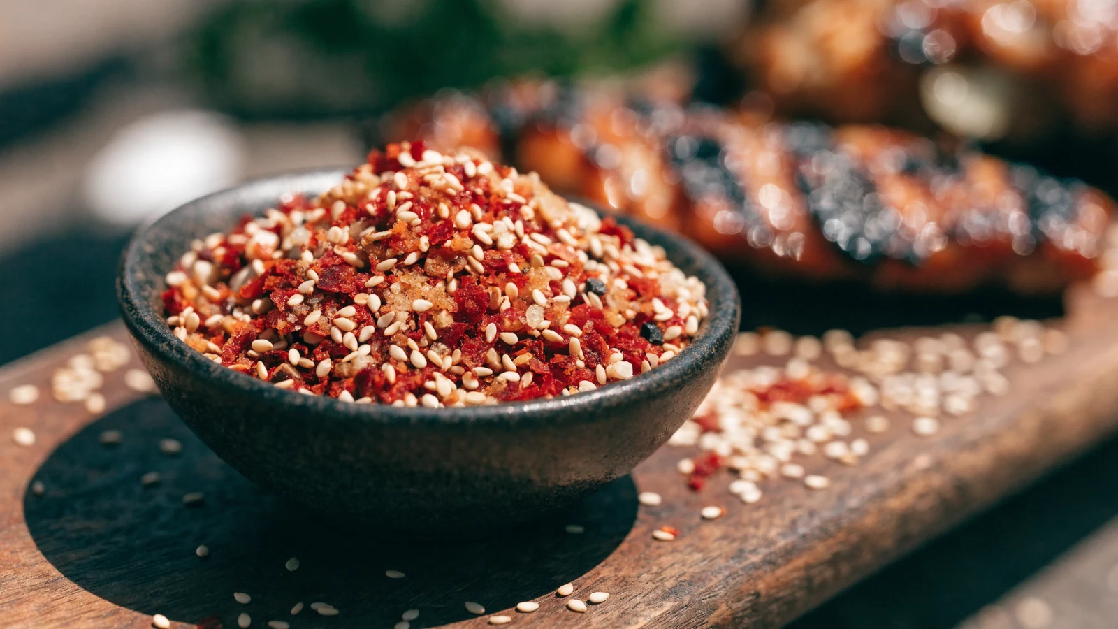 Koreanischer Gochugaru-Sesam-Rub mit roten Chiliflocken und geröstetem Sesam