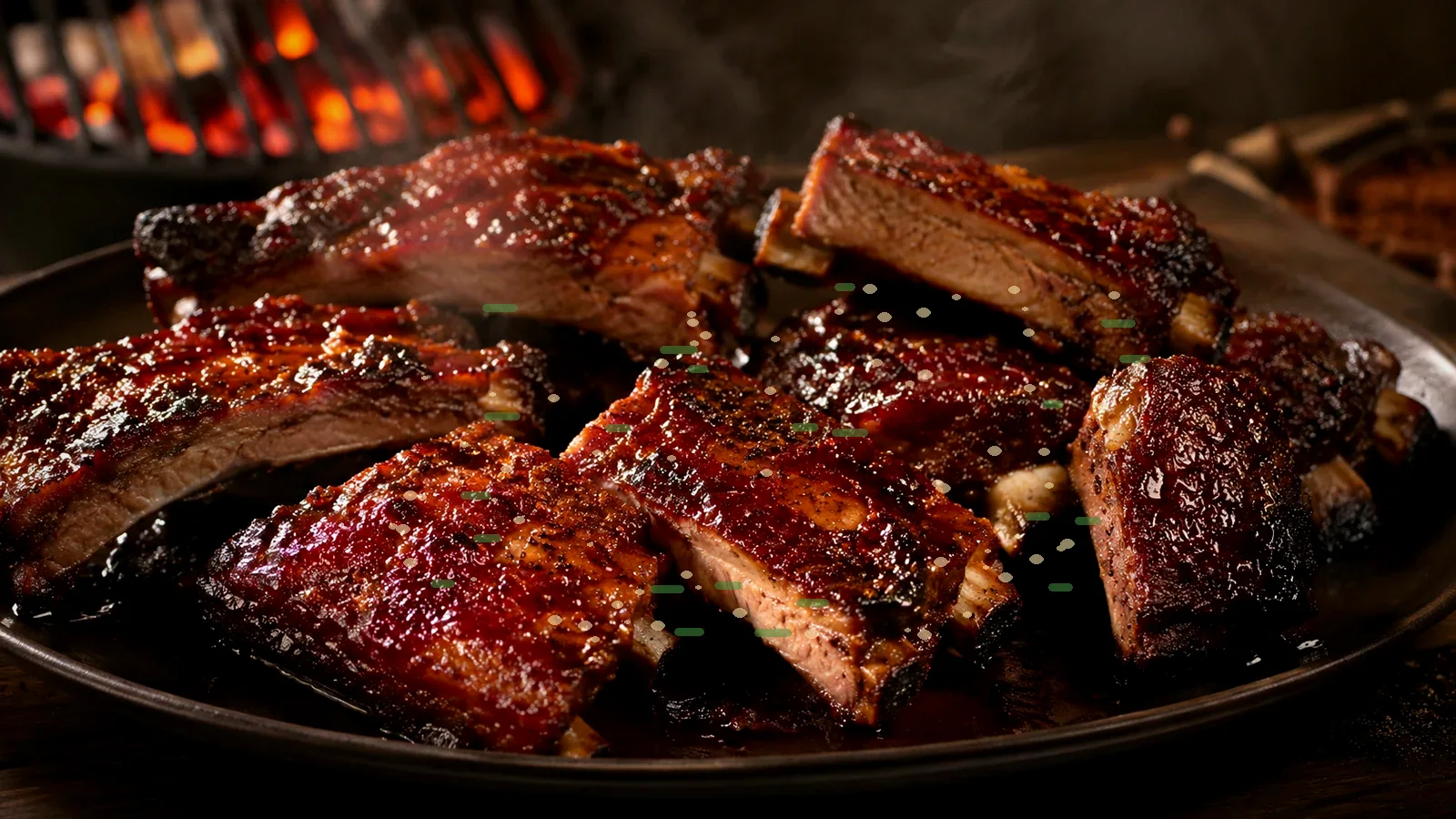 Dunkel glasierte Gochujang Beef Ribs aus dem Smoker mit Sesam und Frühlingszwiebeln