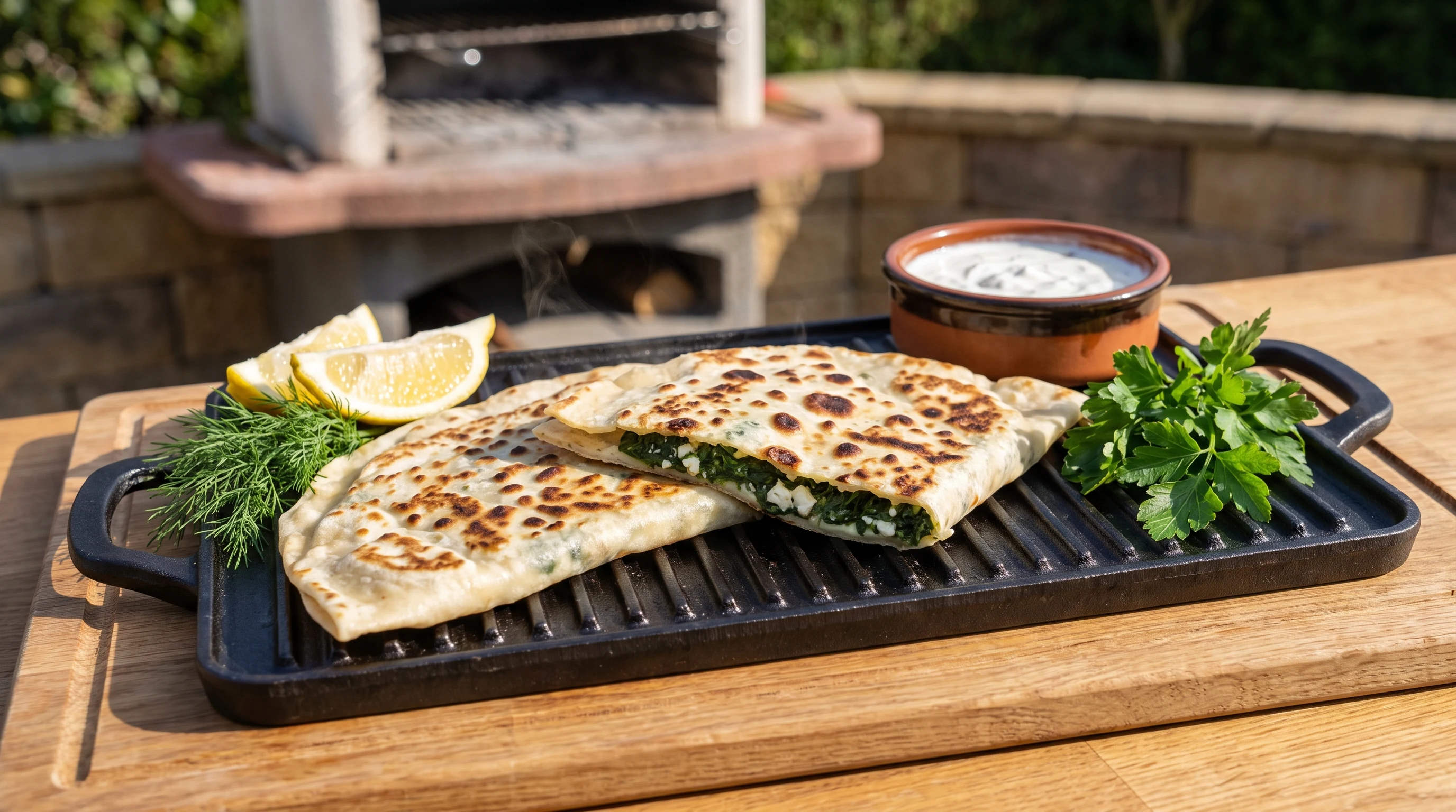 Gözleme vom Grill als realistisches Grillfoto aus Türkei mit frischen Zutaten und Röstaromen