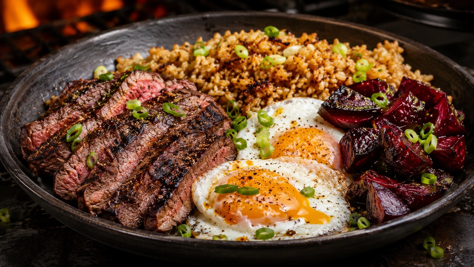 GR24 Protein Inferno mit Steakstreifen, knusprigem Reis, Spiegelei und Roter Bete von der Plancha